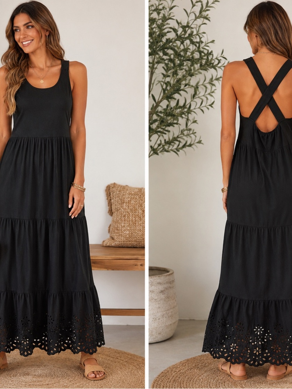 J. Crew Black Tiered Maxi Dress with Crisscross Back Size Small